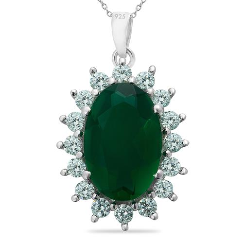 REAL GREEN AGATE GEMSTONE HALO PENDANT IN 925 SILVER